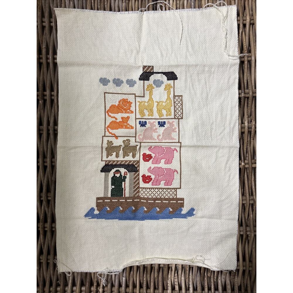 Noahโs Ark Handmade Cross Stitch 11x17 In